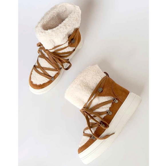 J/Slides Newbie Tan Suede Leather Faux Shearling Platform Booties Boots - Picture 5 of 10